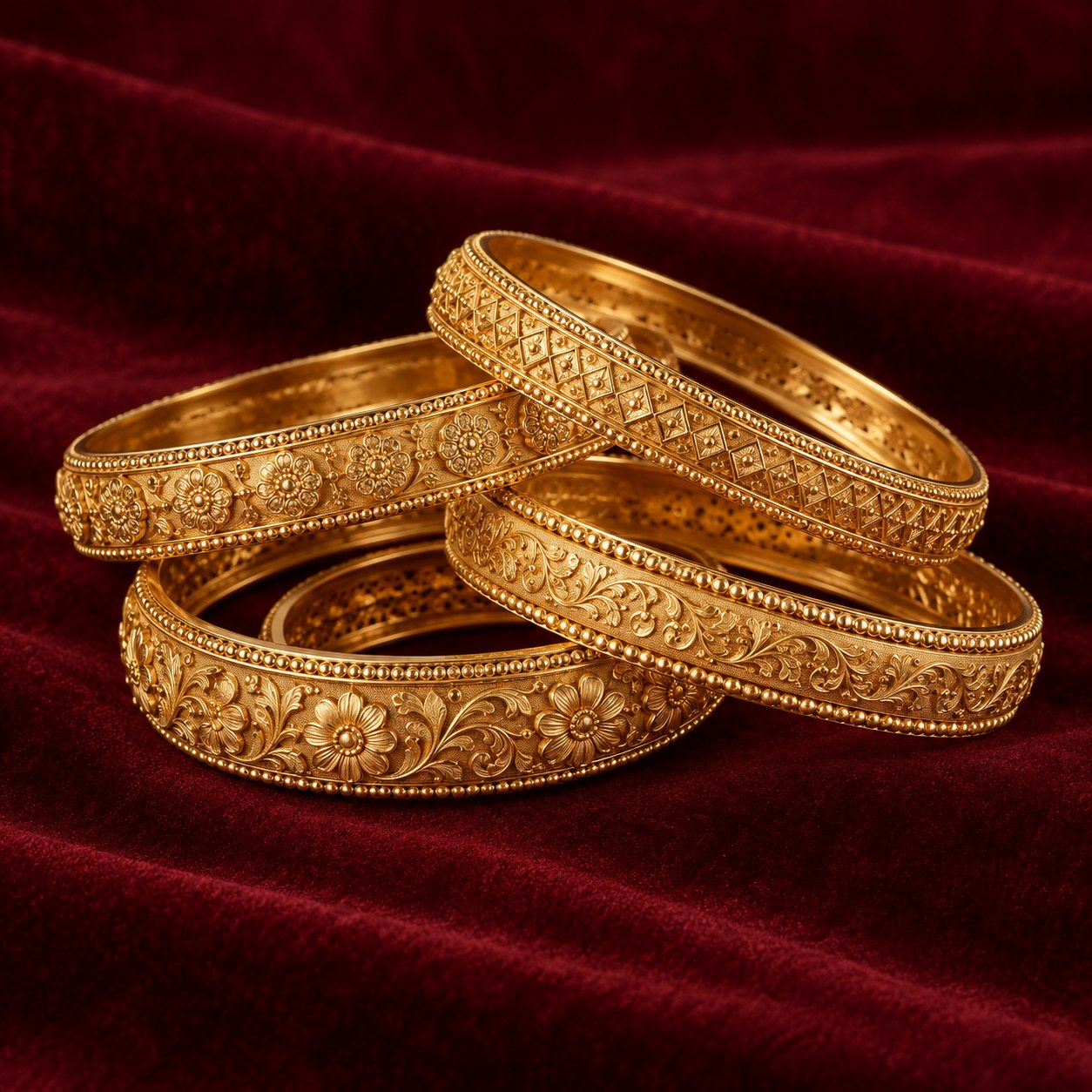 Illustrative engraved gold bangles