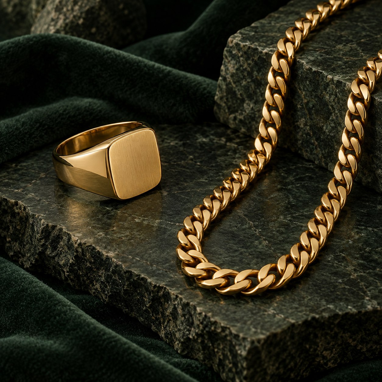 Illustrative men's gold signet ring and chain