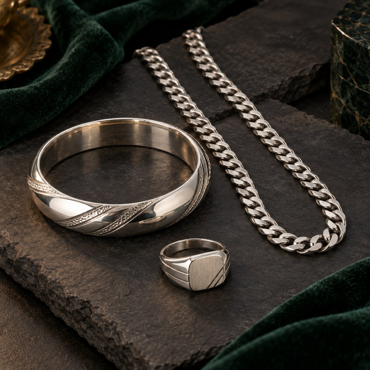 Illustrative men's silver kada, chain and ring collection